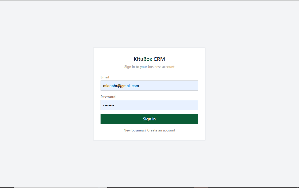 KituBox CRM sign in screen for a business account
